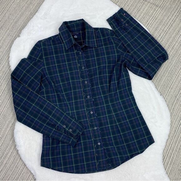 Tommy Hilfiger Plaid Ruffle Cuff Trim Button Front Shirt Green Navy Medium - Picture 15 of 15